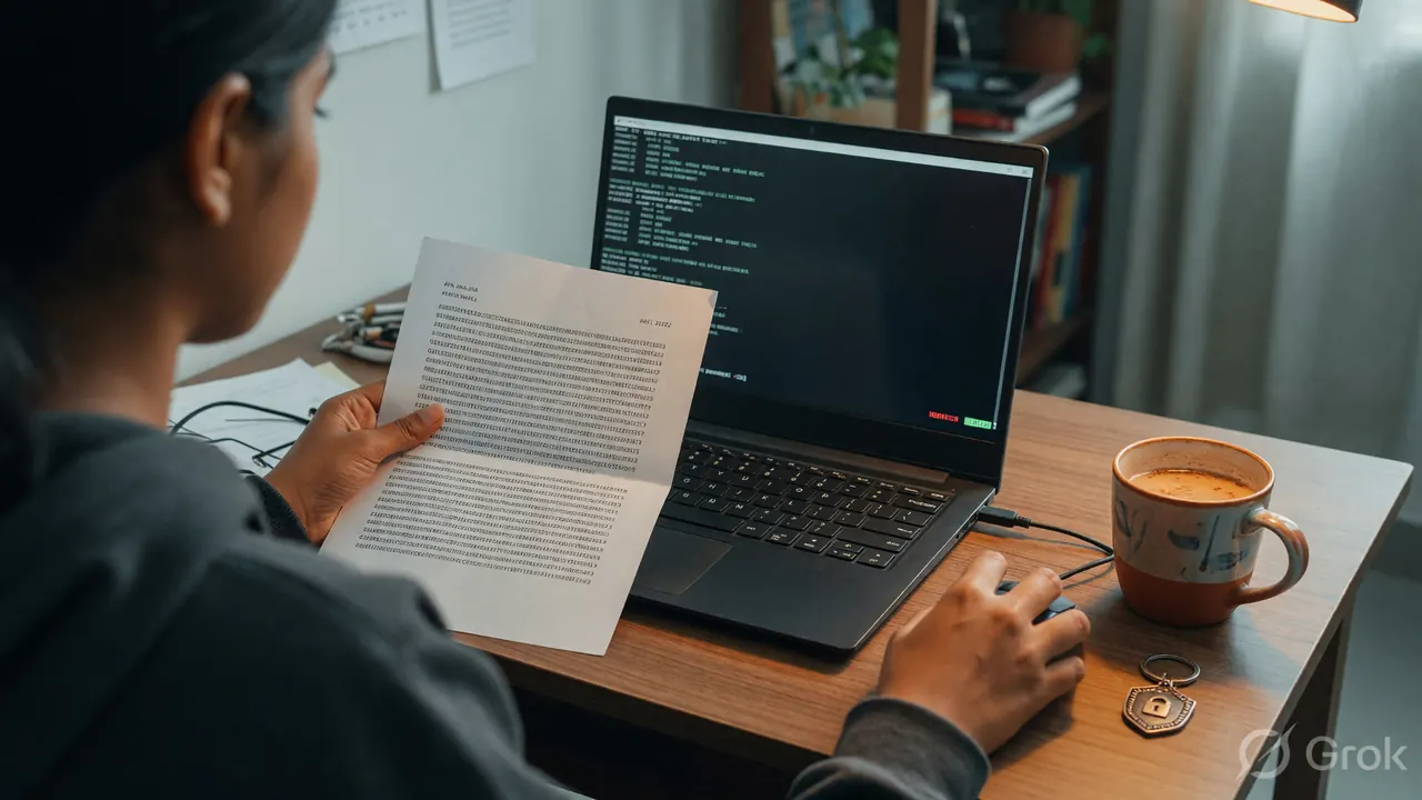 An over-the-shoulder view of a person at a small desk with a slim laptop, holding a printed offer-comparison printout next to a ceramic chai mug