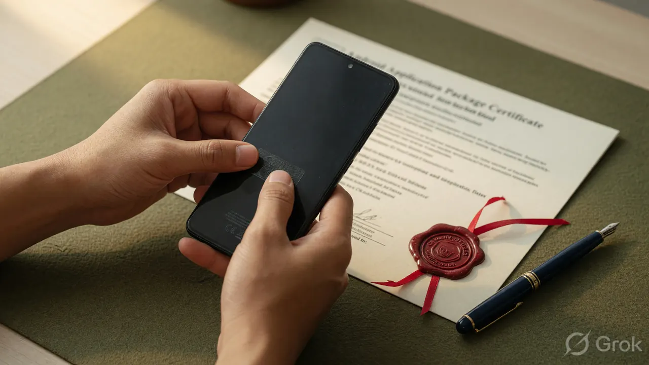 A close editorial frame of two hands holding a smartphone above a felt desk mat, with a printed terms-and-conditions page resting slightly out of focus behind it