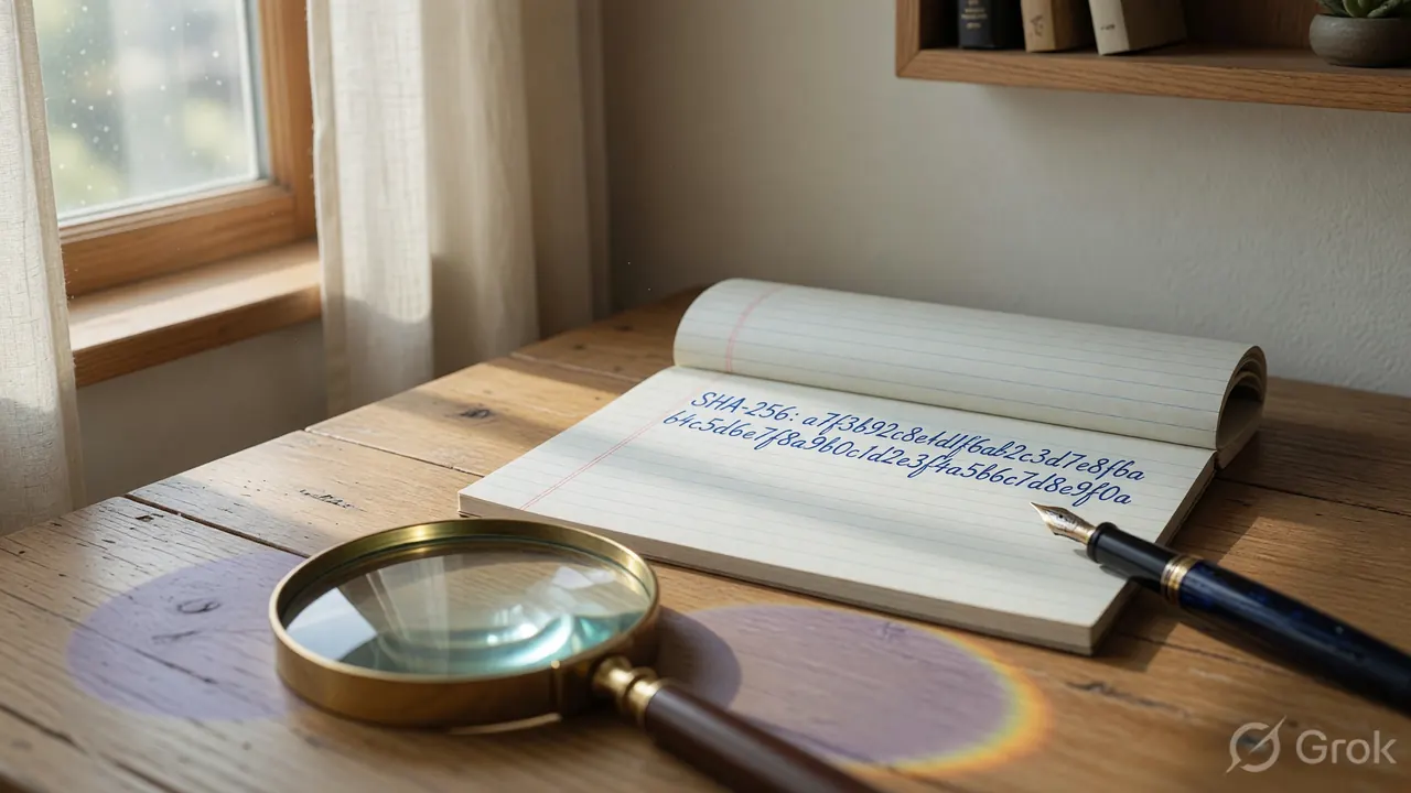 A wooden writing desk with a printed offer-comparison worksheet showing eligibility rows and expiry columns and a brass magnifying glass resting on the corner