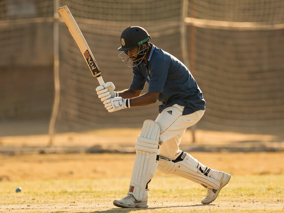 An Indian top-order batter in mid-set stance on a sunlit practice pitch