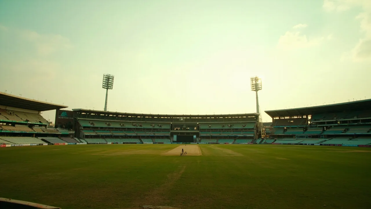 An aerial view of an Indian Premier League stadium under evening lights during a packed match