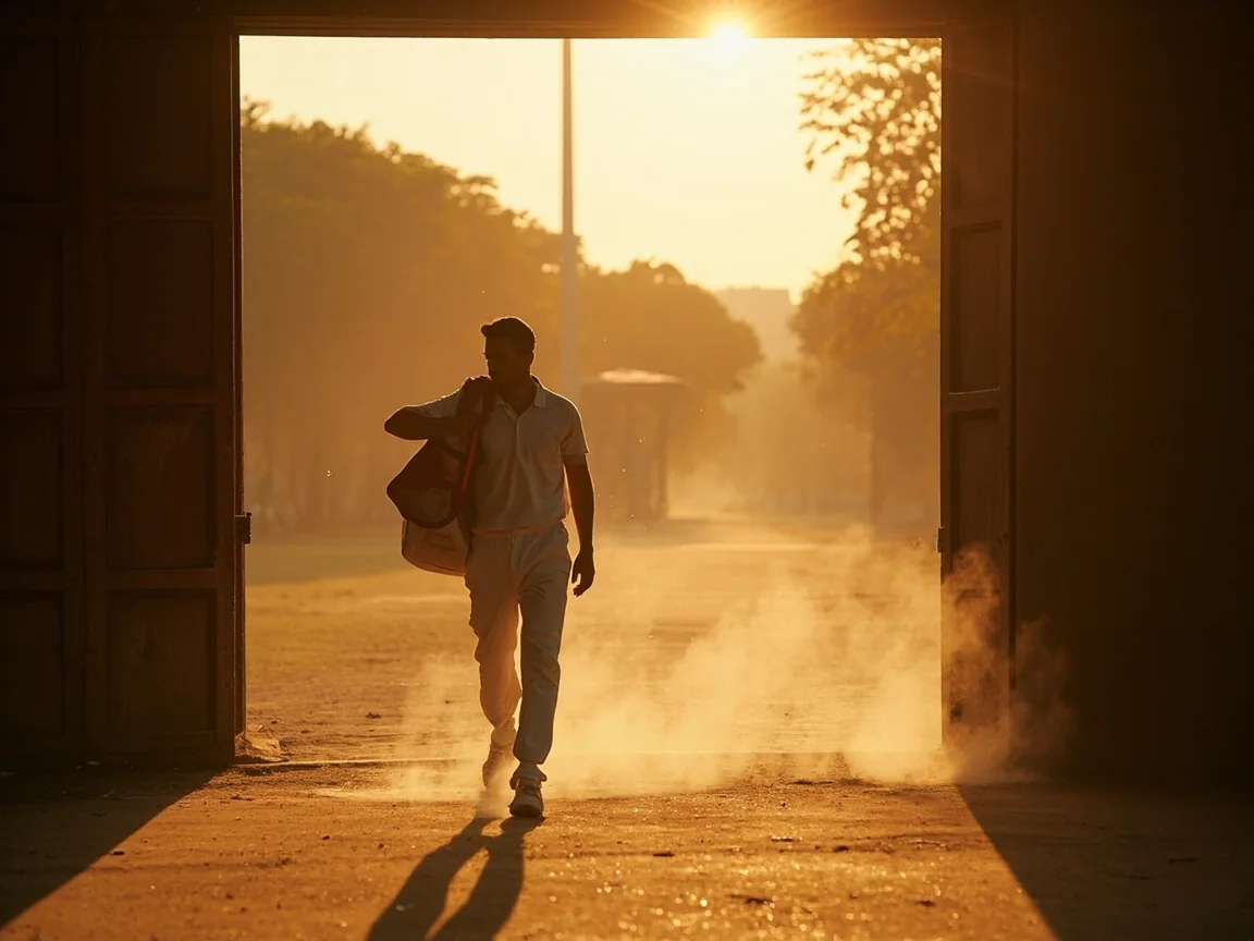 An Indian domestic red-ball match scene with the bowler mid-stride on a bright afternoon