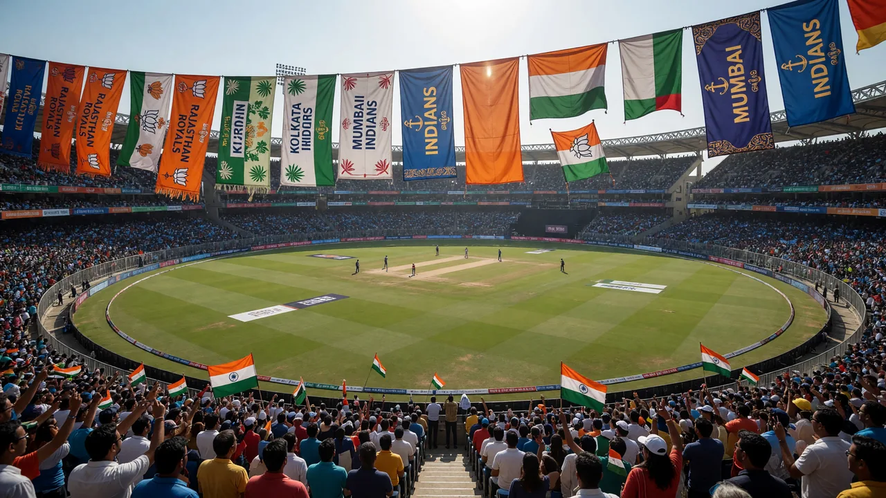 A wide editorial shot of an Indian cricket ground during a daytime T20 with rows of state-coloured supporter banners hanging from the upper-deck rail