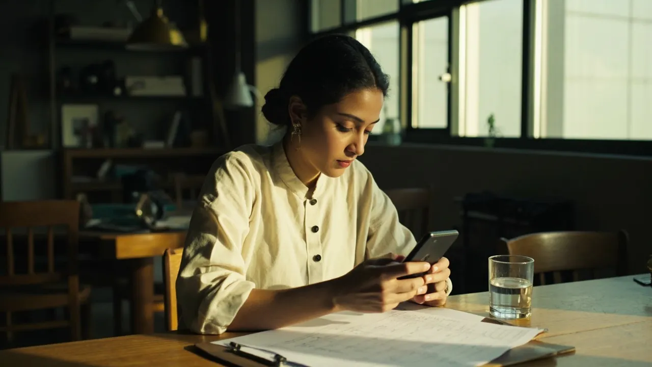 A medium editorial view of a woman in a cream kurta at a wooden table comparing a printed checklist against a smartphone screen in afternoon light