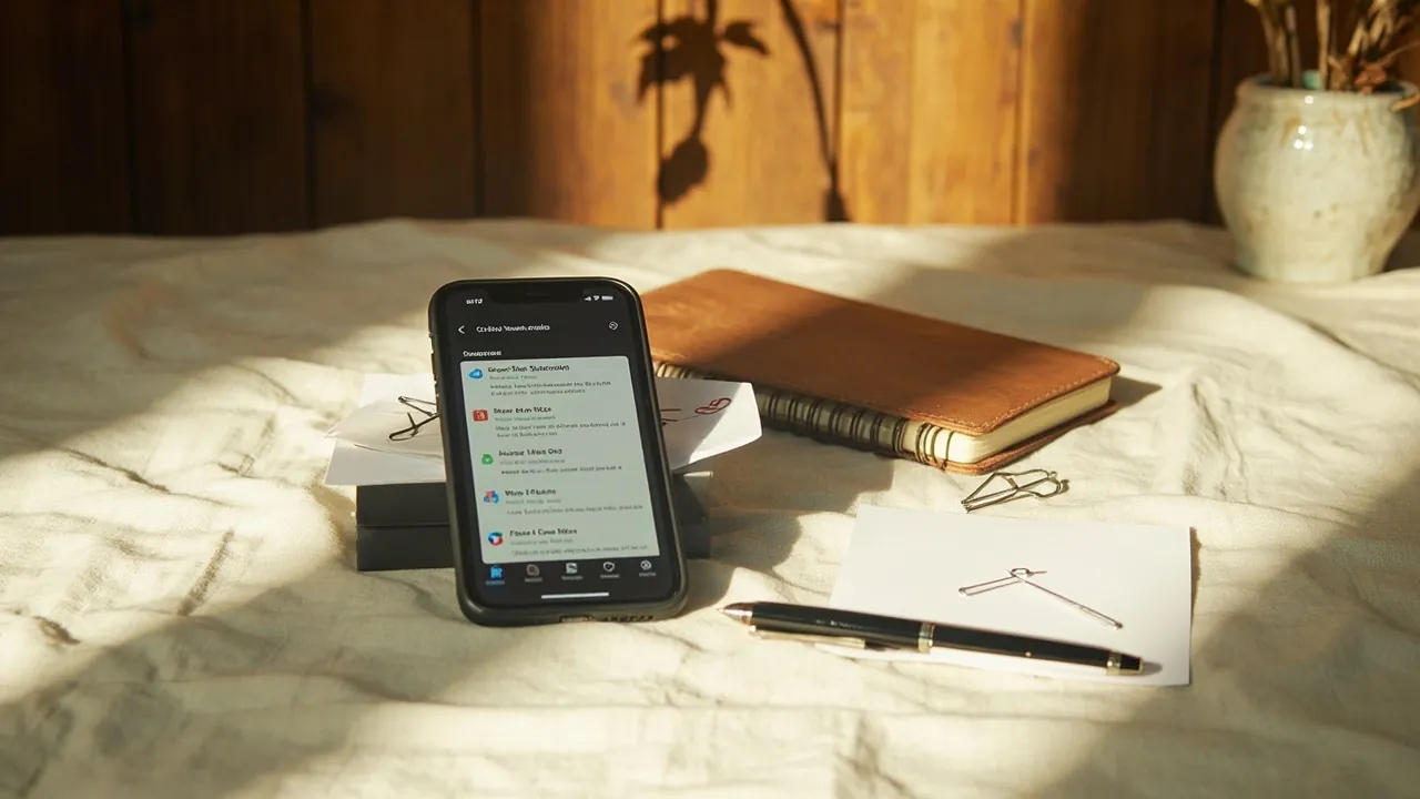 A close editorial view of a smartphone resting on a linen-covered desk in morning light, displaying a stack of notification cards beside an open pocket notebook and fountain pen