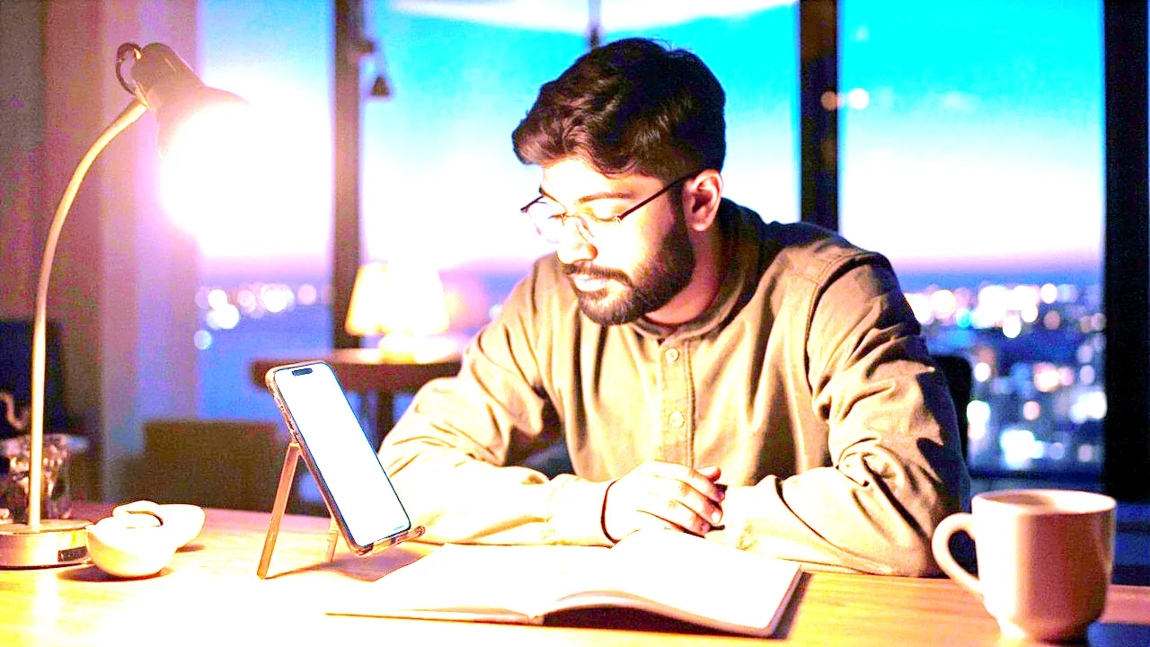 A young man at a wooden desk in a softly lit evening room reviewing his smartphone's settings panel with a notebook open beside him